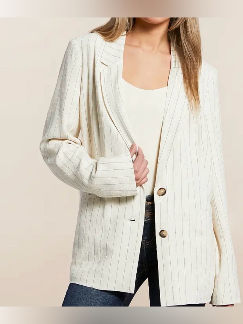 Z SUPPLY Livingstone Pinstripe Blazer Jacket Cream Linen Blend Women's Size XL